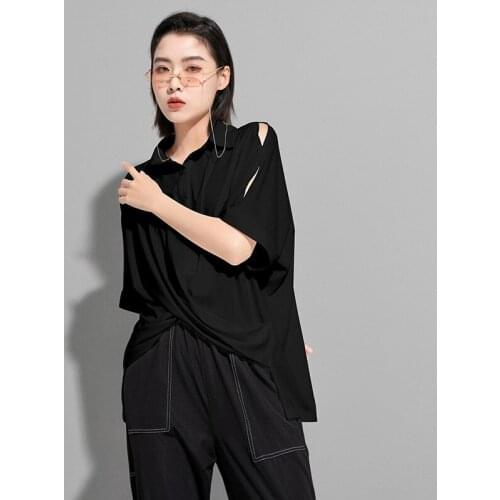 Womens summer INS style personality asymmetrical fashion T-shirt short front and long back POLO collar and short sleeves