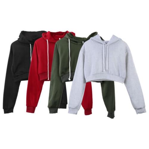 Hot Sale Women Fashion Solid Color Hoodies Crop T-Shirts Female Casual Long Sleeve Jumper Hooded Pullover Tops Outfits 4 Colors