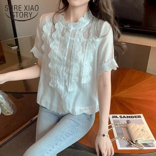 2021 New Lantern Sleeve Chiffon Shirt Hollow Short Sleeve Top Women Summer Fashion Loose Ladies Lace White Shirt 15203