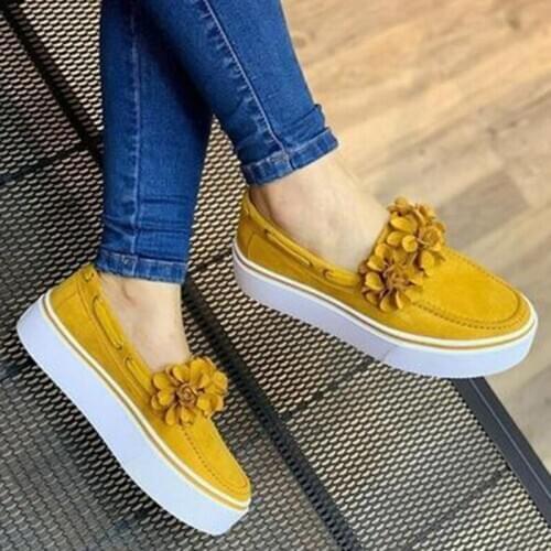 2020 Autumn Casual Boat Shoes Flower Lady Shallow High Heel Increasing Height Loafers Plus Size