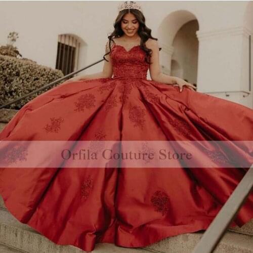 ORFILA vestido de 15 años 2021 Ball Gown Prom Dress Red Spaghetti Straps Lace Applique Sweet 16 Dress