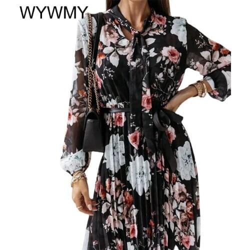 WYWMY Women Floral Print Pleated Chiffon Dress Summer Casual V Neck Long Sleeve Elegant Midi Dress Office Lady Dresses for Women