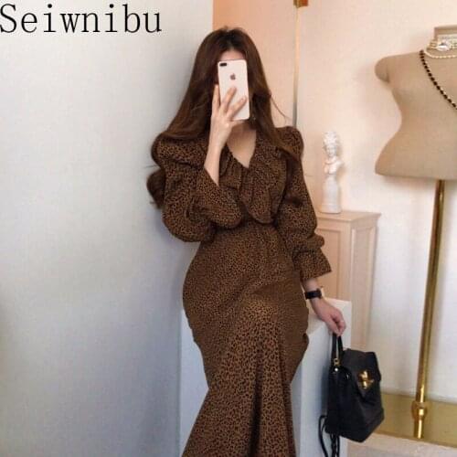 Seiwnibu New 2020 Spring Vintage Leopard Print Women Dress V-neck Ruffles Long Sleeve Dresses Female A-line Dress Midi Vestidos