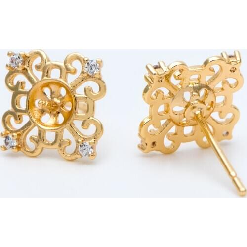 10pcs CZ Paved Filigree Flower Ear Posts 12mm, Pearl Peg Earring Mounts, Half Drilled Pearl Earring Settings (#GB-1541)