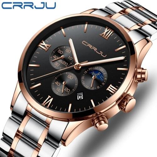 2020 Fashion Mens Watches CRRJU Top Brand Luxury Quartz Wrist Watch Men All Steel Waterproof Sport Chronograph Relogio Masculino