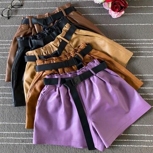 2021 Autumn Womens casual Real Short High quality sheepskin leather belt wide-leg pants C159