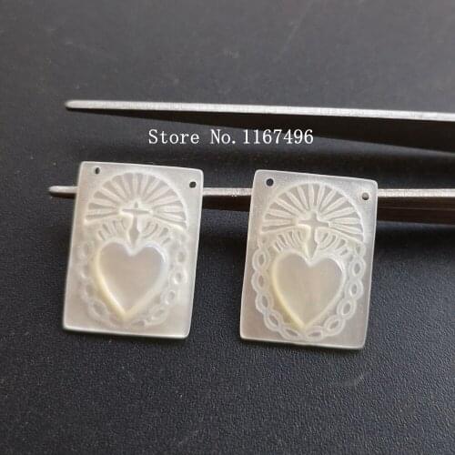 30pcs/lot 12x16mm Natural Rectangle Sacred Heart Mother of Pearl Shell for DIY Jewelry Heart Mother Pearl