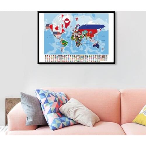 84*59cm The World Map with National Flags Decorative Canvas Painting Wall Art Poster Classroom Home Decor School Supplies