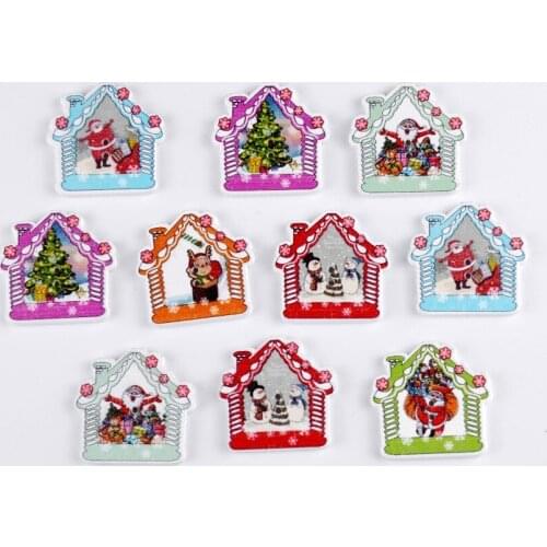 Free shipping -2015 New Random 100pcs Mixed 2 Holes Christmas House Santa Wood Sewing Buttons Scrapbooking 28x29mm J1561