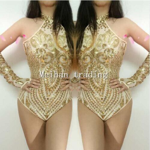 Gold Sequins Bodysuit Flashing Two-piece Outfit Shining Sexy Birthday Party Costume Celebrate Show Women Evening Dance Wear