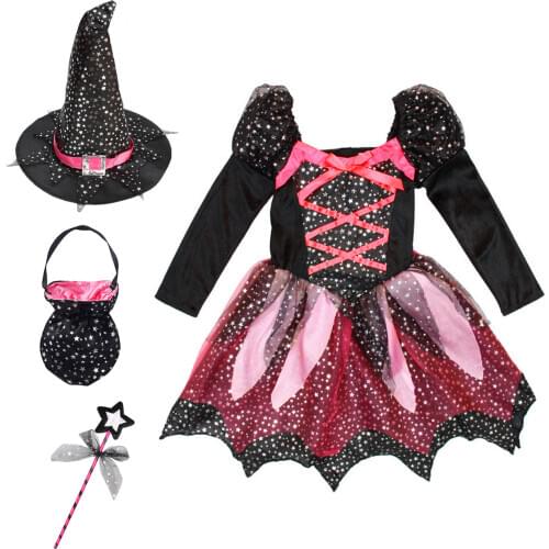 Besegad Children Kids Halloween Cosplay Witch Skirt Dress Costume Outfit with Hat Wand Candy Bag for Carnival Fancy Dress Party