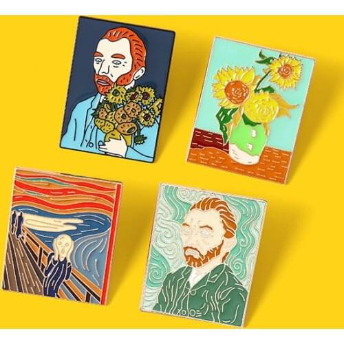 4 styles of world famous oil painting Enamel Brooch Van Gogh sunflower Edward Munch yelled Lapel Pin Punk badge jewelry