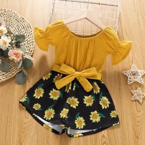 2-6Years Girl’s Summer Short Sleeve Jumpsuit Fashion Sunflower Print Stitching Bandage Short Pants
