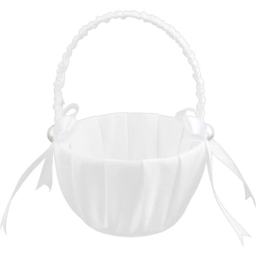 Wedding Basket Flower Romantic Bowknot Ceremony Party Rose Flower Girl Basket with Satin Ribbons Basket for Wedding