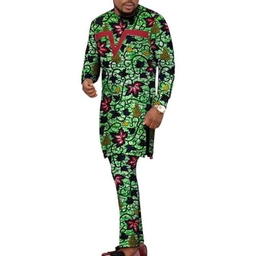 Red Geometric Pattern Patchwork Shirts African Print Trousers Custom Made Dashiki Pant Sets Male Groom Suits Ankara Outfits