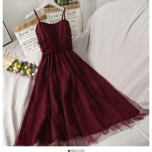 Summer Womens Dress Korean The Pure Color High Waist Mesh Suspender Dress New Female Slim and Versatile Dresses HH011