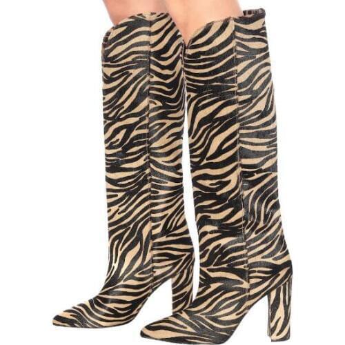 Hot Black Red Woman Crocodile Print Python Zebra Leopard V-mouth Pointed Toe Rough Heels Knee High Long Fashion Boots Lady