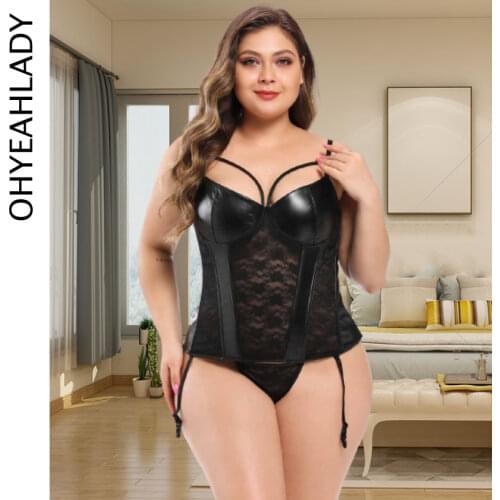 Ohyeahlady Corset Sexy Bustiers Lace Overbust Bustier Black Corset Push Up Gothic Body Shaper Leather Corselet Plus Size AJ3447
