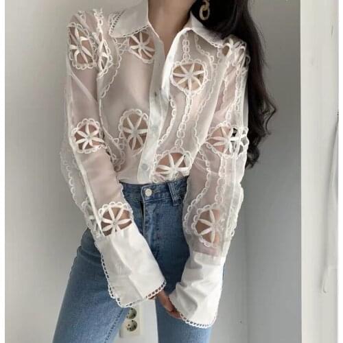 Plus Size White Lace Blouse Women Spring Hollow Out Floral Embroidery High Quality Sexy Shirt See Through Long Sleeve Top