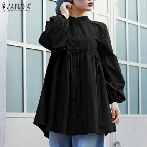ZANZEA Women Long Sleeve Buttons Down Loose Shirts Casual Solid Tops Plus Size Dubai Turkey Abaya Hijab Blusas Muslim Blouse