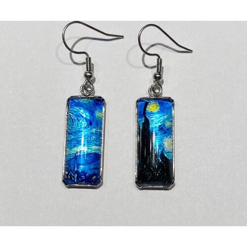 New Van Gogh Paintings Fish Hook Earring The Starry Night Rectangular Earrings Glass Hand Craft Jewelry For Lovers