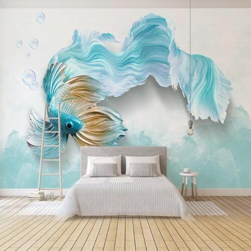 Photo Wallpaper Modern 3D Abstract Blue Peacock Fish Mural Living Room TV Sofa Background Wall Papers For Walls 3 D Home Decor