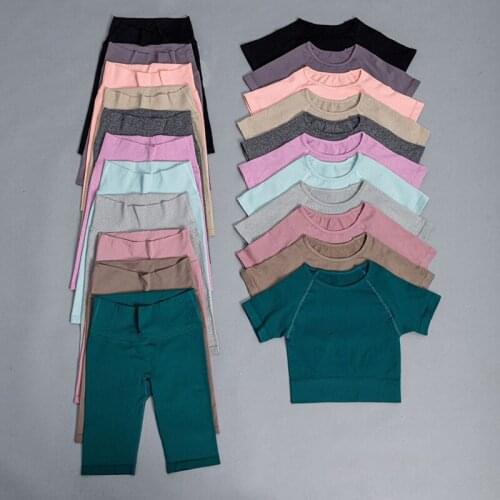 Womens Tracksuit Seamless Breathable Soft Short Sleeve Crop top Tight Shorts Fitness Fast Dry Yoga Professional Sports Running