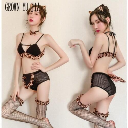 Sexy Fishnet Hollowing Three-point Underwear Stocking Set Cat Girl Uniforms Erotic Cosplay Mesh Costume Porno Katze Lingerie