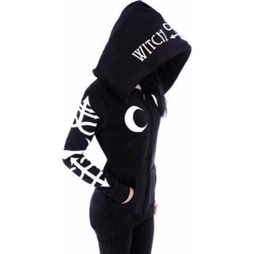 Rosetic Goth Hooded Black Hoodie Women Gothic Casual Moon Print Chic Black Hoodies Plus Size Fashion Streetwear Sweatshirt 2020