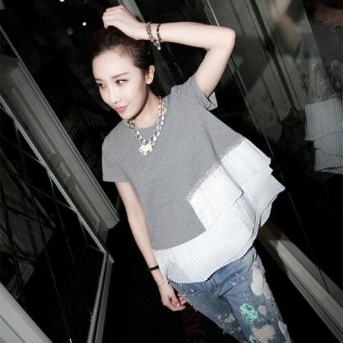 Short-sleeved T-shirt Female Korean Style Cotton Women T Shirt 2019 New Summer Chiffon Stitching Irregular Women Tops E474
