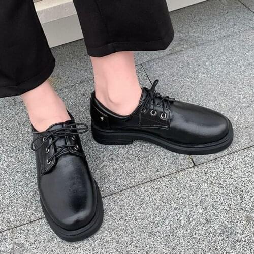 COOLULU 2020 Women Lace Up Oxford Pumps Round Toe Fashion Mid Block Heel All Match Spring/autumn Ladies Pumps Size 32-46