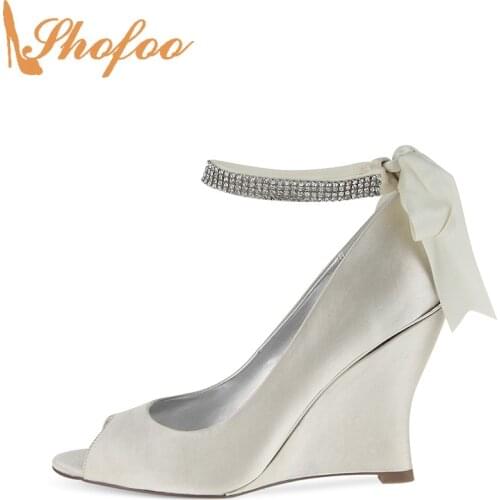 Ivory white Crystal High Wedge Heels Pumps Peep Toe Woman Ankle Strap Large Size 13 16 Lady Fashion Bow-Knot Party Shoes Shofoo
