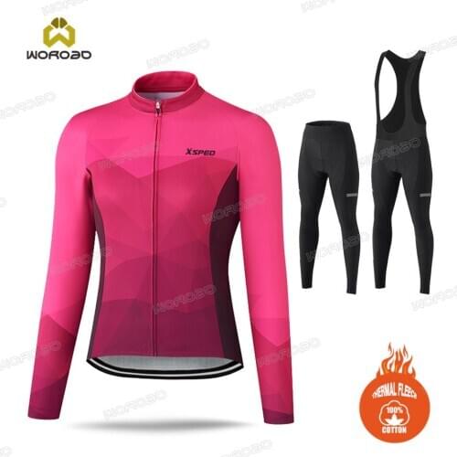 Female Cycling Clothing Suit Fashion Warm Jersey Long Sleeve Jacket Pants Outfits Thermal Fleece Bicycle Clothes MTB Uniform Kit