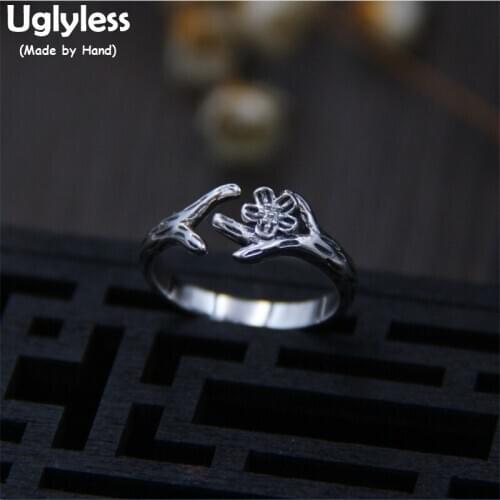 Uglyless Real S925 Sterling Silver Ethnic Flower Finger Rings for Women Handmade Branch Opening Ring Simple Fashion Fine Jewelry