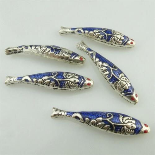 18298 2PCS Alloy Cloisonne Enamel Flower Blue Fish 43mm Spacer Bead Crafts