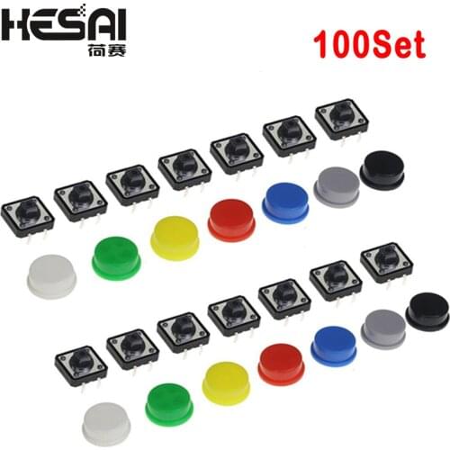 100 PCS 7 Color Plastic Cap Hat Kits Tactile Push Button 12*12*7.3MM Micro Switch Button 5 Colors Tact Cap for DIY Kit