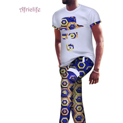 T-Shirt Pant Sets Casual Jogger Suit Tracksuit Sweatshirt African Clothing For Men 2 PC Dashiki Short Sleeve With Trouser WY1355