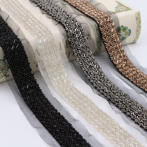 2Yards Pearl Beaded Lace Trim Mesh Lace Ribbon Fabric Clothes Decoration Wedding Dress Collar Sleeve Lace Applique DIY Crafts