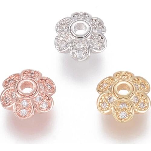 20pcs 8x3mm 6-Petal Flower Shape Brass Micro Pave Cubic Zirconia Bead Cap End Cap for Jewelry Making DIY Accessories Hole: 1.7mm