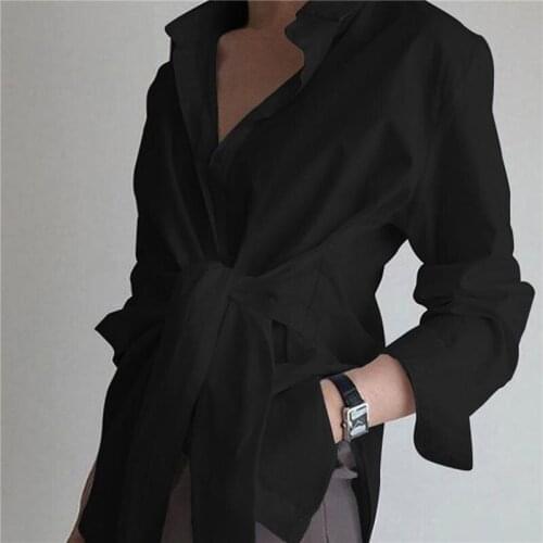 2021 Fashion Blouses Womens Long Sleeve Lapel Casual Loose Shirts Spring Solid Color Bandage Clothes Elegant Ladies Tops