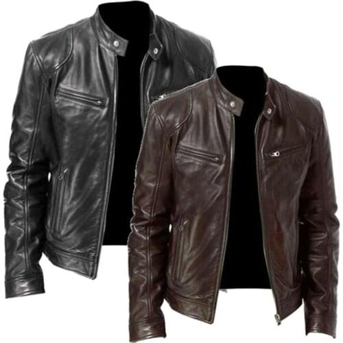 2021 Autumn New Mens Casual Fashion Stand Collar Slim PU Leather Jacket Solid Color Leather Jacket Men Anti-wind Motorcycle