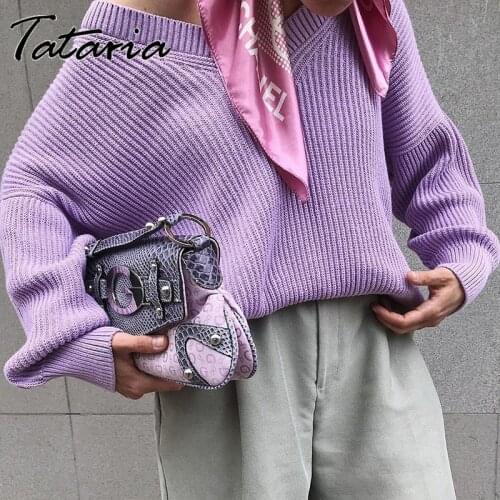 2021autumn Women Knitting Sweater Loose Deep V Neck Sexy Pullovers Top Vintage Female Fashion Warm Gradient Purple Streetwear