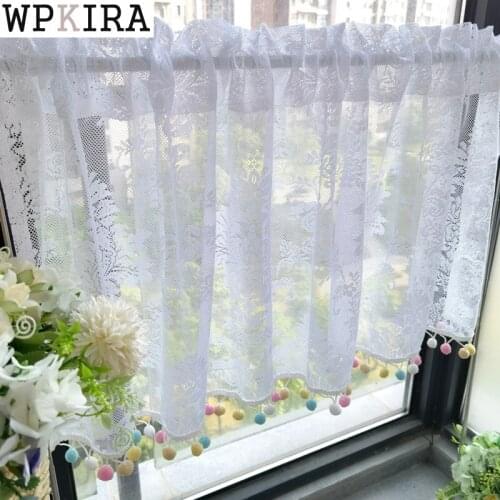American White Lace Short Curtain Kitchen Colorful Balls Bottom Bay Window Mesh Sheer Half Drape Voile Blinds 082#D