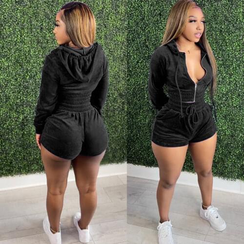 Velvet Two Piece Set Autumn Short Zipper Sweatshirts Shorts Pants Suit Tracksuit Fitness Sexy Club Womens Set Outfits