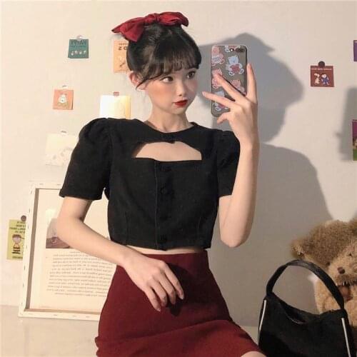 Blouse Women Shirt Summer 2021 Pierced Black Short-Sleeved Top For Women Blusas Mujer De Moda