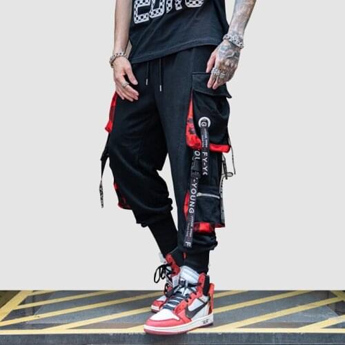 Hip Hop Ribbons Cargo Pants Men Joggers Pants Streetwear Men 2019 Fashion Mens Elastic Waist Pant Ribbons Cotton Black HW203