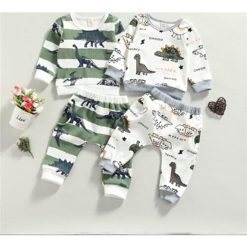 Newborn Infant Baby Boys Girls Clothes Cotton Cartoon Dinosaur Striped Print Long Sleeve Sweatshirts Pants Baby Clothing Outfits