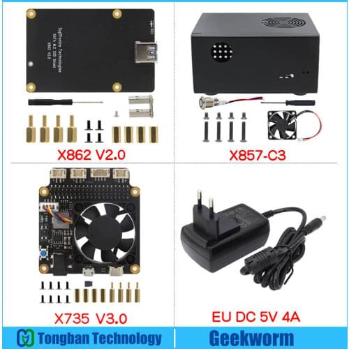 For Raspberry Pi 4, X862 M.2 NGFF SATA SSD Shield + X735 Cooling & Power Management Board + X857-C3 Case with Power Switch & Fan