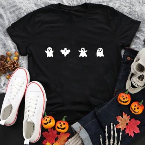 Four Ghosts 100% Cotton T-shirt Cute Autumn Halloween Party Gift Tshirt Funny Women Graphic Holiday Tee Shirt Top