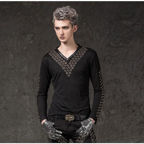 Hip-hop T-shirt mens punk rivet V-neck long-sleeved Black T-shirt youth hipster mens slim male singer costumes